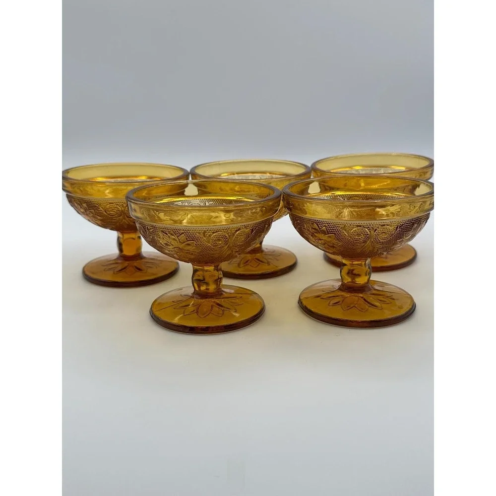 Vintage Amber Glass Dessert Set — 5 Sherbet Cups & 6 Plates, MCM Glassware